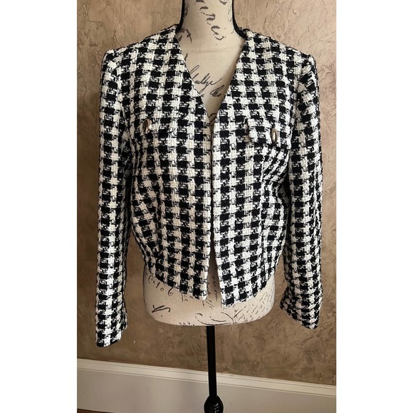 Tahari Cropped Black and White Tweed Jacket - S - Picture 1 of 8